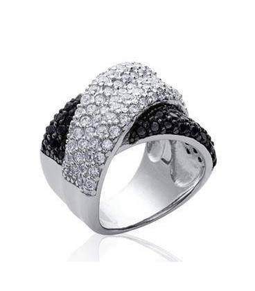Grosse bague joaillerie argent pavage blanc et noir 