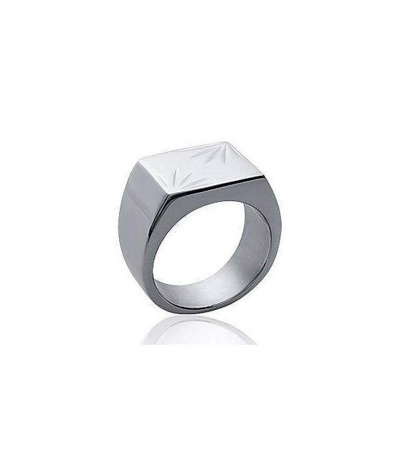 Grosse bague chevaliere rectangulaire acier grave stylise