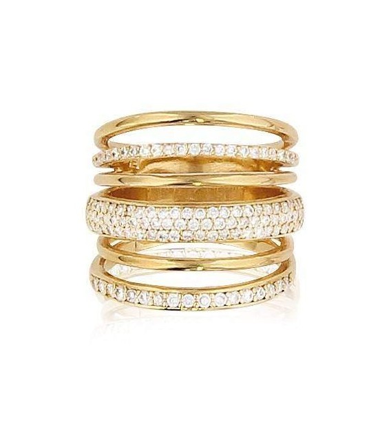 Grosse bague femme plaqué or six anneaux zirconium 