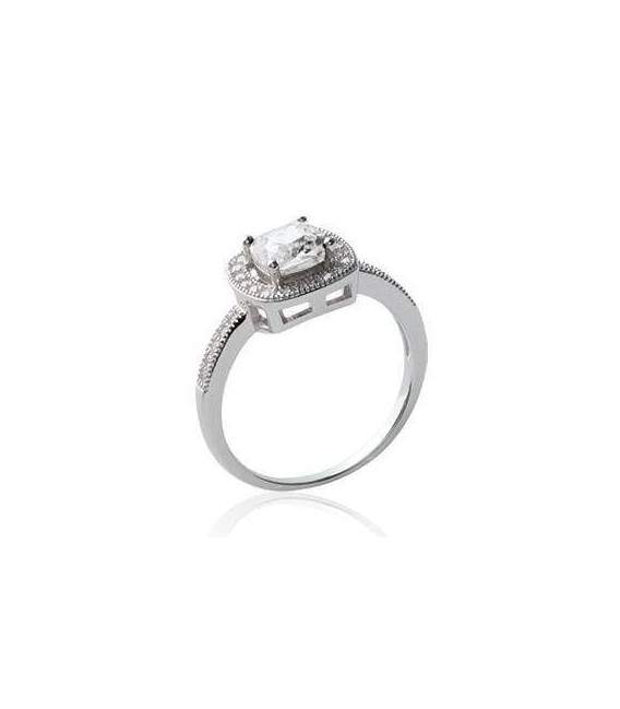 Bague argent solitaire griffé taillé en diamant bordé zirconium 