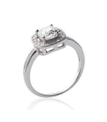 Bague argent solitaire griffé taillé en diamant bordé zirconium 