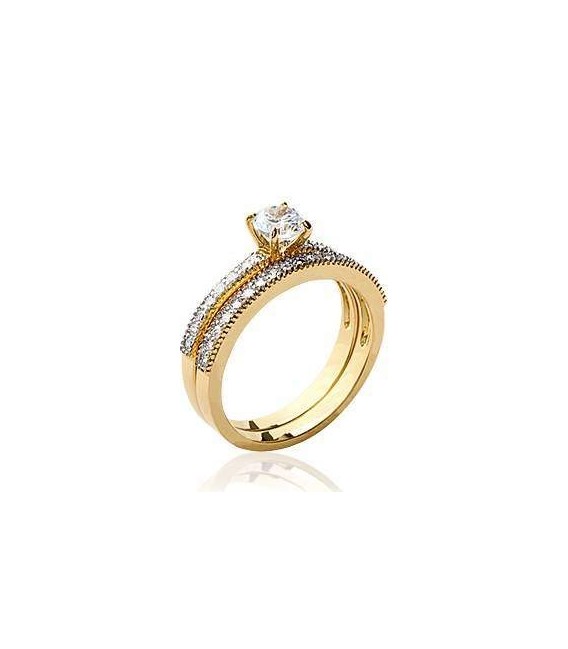 Bague duo alliance et solitaire plaqué or et zirconium 