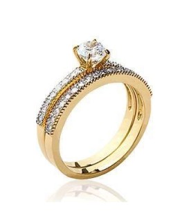 Bague duo alliance et solitaire plaqué or et zirconium 