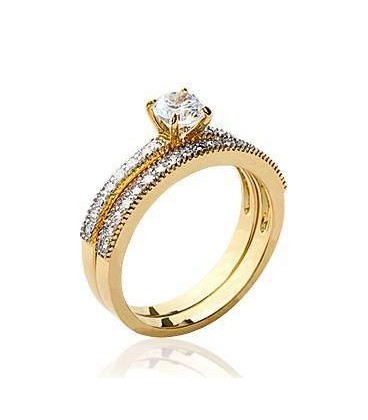 Bague duo alliance et solitaire plaqué or et zirconium 