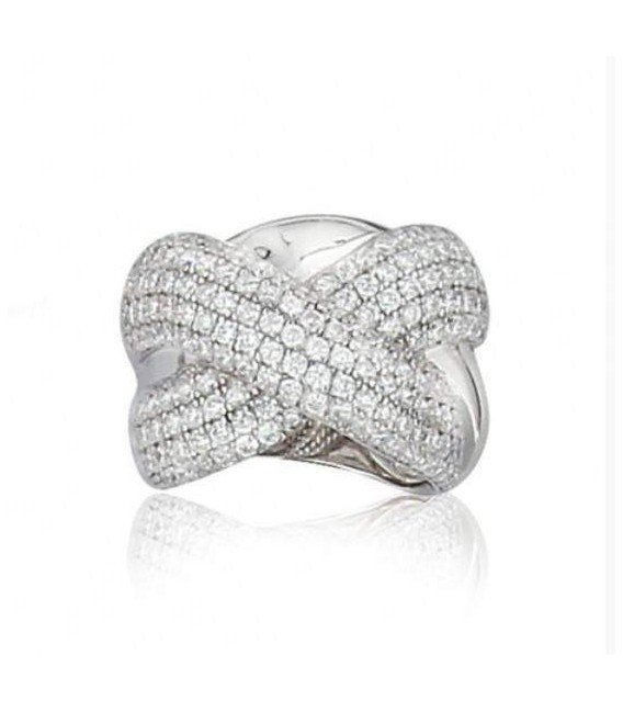 Grosse bague argent massif larges anneaux entrecroisés zirconium blancs 