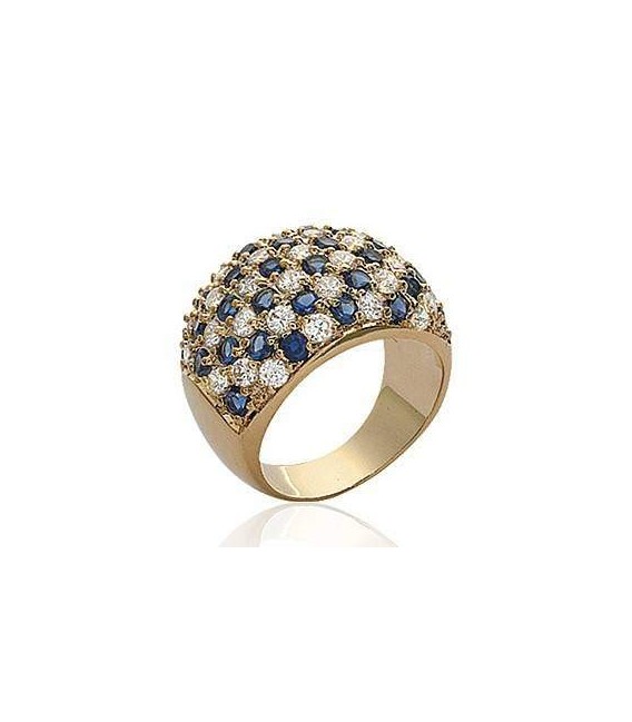 Grosse bague plaqué or pavage de zirconium blanc et saphir en demi jonc 