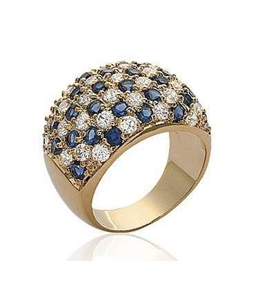 Grosse bague plaqué or pavage de zirconium blanc et saphir en demi jonc 