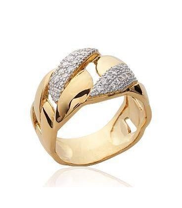 Grosse bague plaqué or large anneau petits zirconiums style alliance maille gourmette 