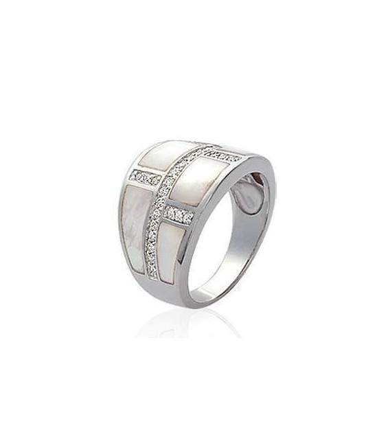 Bague nacre zirconium argent monture ouvragée motif décalé 