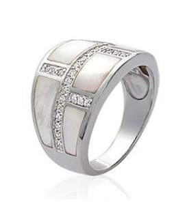 Bague nacre zirconium argent monture ouvragée motif décalé