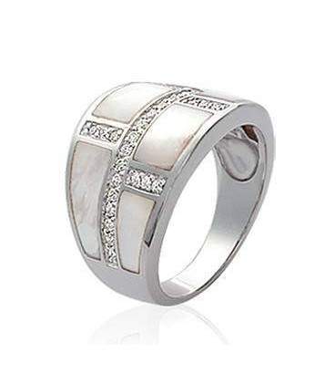 Bague nacre zirconium argent monture ouvragée motif décalé 