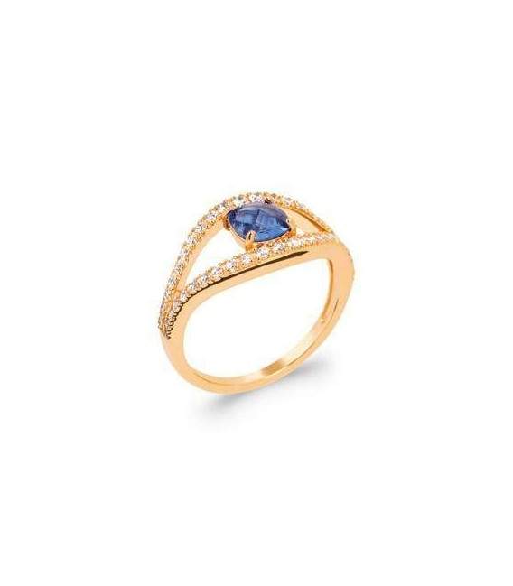 Bague plaqué or anneaux de zirconium en demi jonc rehaussé de bleu 