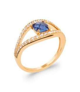 Bague plaqué or anneaux de zirconium en demi jonc rehaussé de bleu