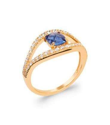Bague plaqué or anneaux de zirconium en demi jonc rehaussé de bleu 