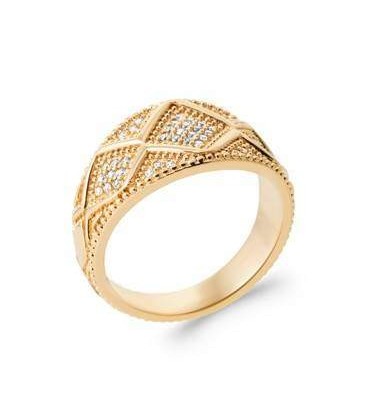 Bague plaqué or pavage géométrique de zirconium blanc 