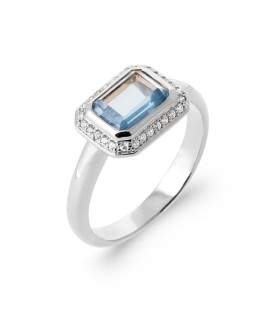 Bague argent rehaussée d'un zirconium bleu aigue marine et zirconium blanc 