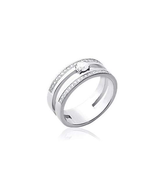 Bague alliance solitaire originale argent massif de zirconium en demi jonc 