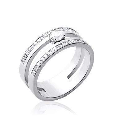 Bague alliance solitaire originale argent massif de zirconium en demi jonc 