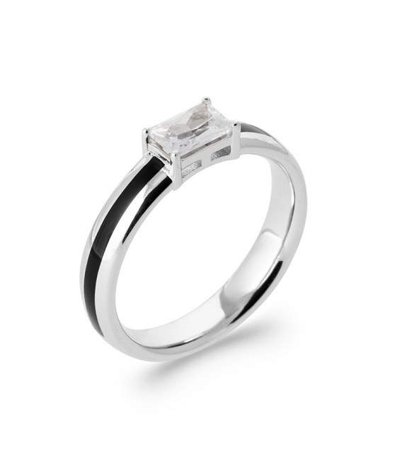 Bague bicolore argent laque noire au centre zirconium griffé 