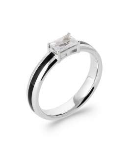 Bague bicolore argent laque noire au centre zirconium griffé