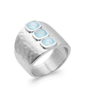 Grosse bague d'argent massif martelée trois agate bleue