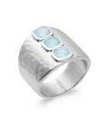 Grosse bague d'argent massif martelée trois agate bleue