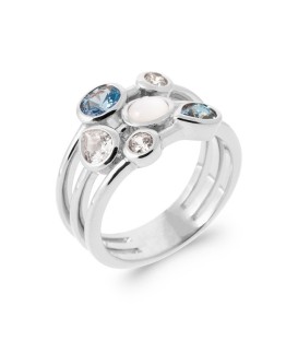 Bague argent massif trois anneaux rehaussés cinq zirconium centre pierre de lune 