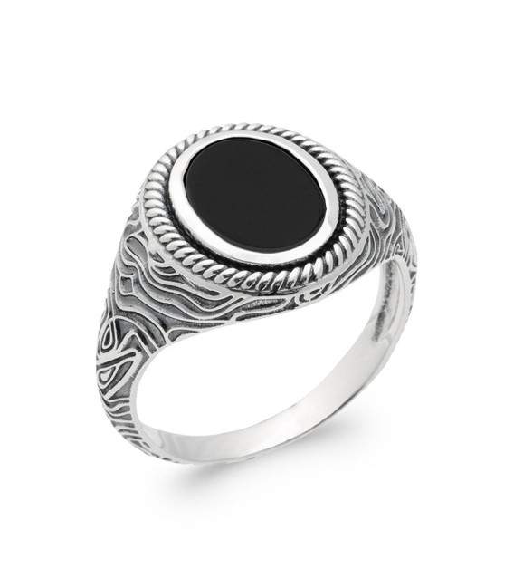 Bague QUANTUM 925 homme chevalière rehaussée belle agate noire 
