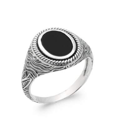 Bague QUANTUM 925 homme chevalière rehaussée belle agate noire 