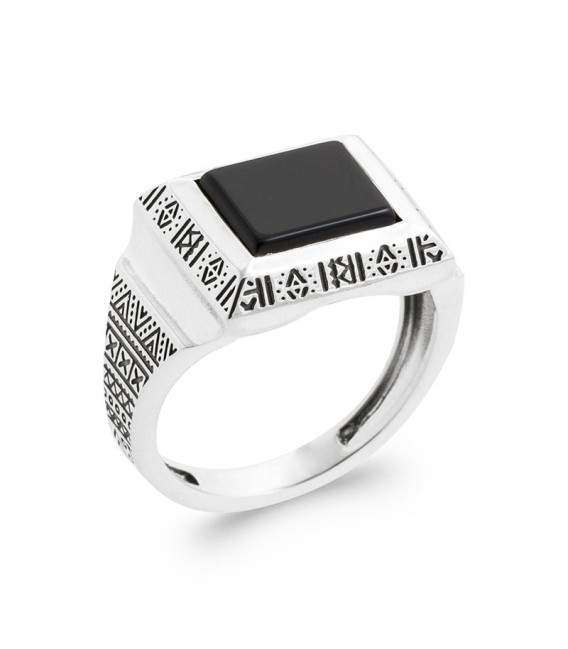 Bague argent massif anneau incrustée d'une AGATE noire QUANTUM 925 