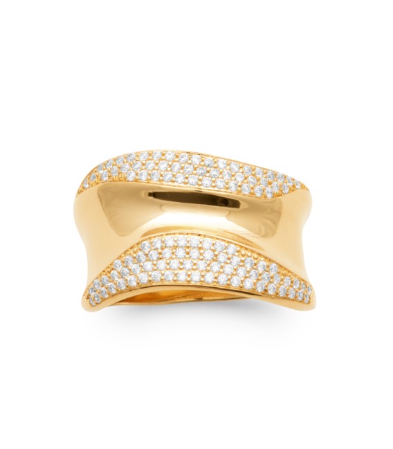 Grosse bague plaqué or large anneau petits zirconiums stylisés 