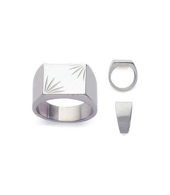 Grosse bague chevalière rectangulaire acier gravé stylisé 